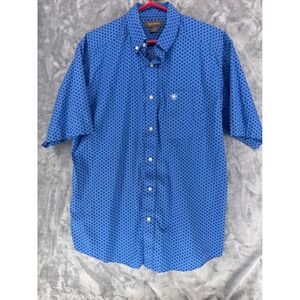 Ariat Mens L Short Sleeve Button Down Shirt Blue Geometric Print Western